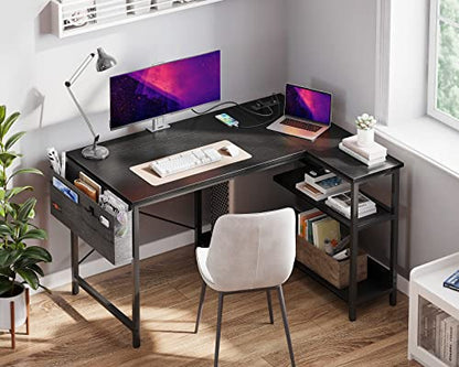ODK 40 Inch Small L Shaped Gaming Computer Desk with Power Outlets, Reversible Storage Shelves & PC Stand for Home Office, Simple Writing Study Table with Storage Bag for Small Space, Black - size: 40 inch