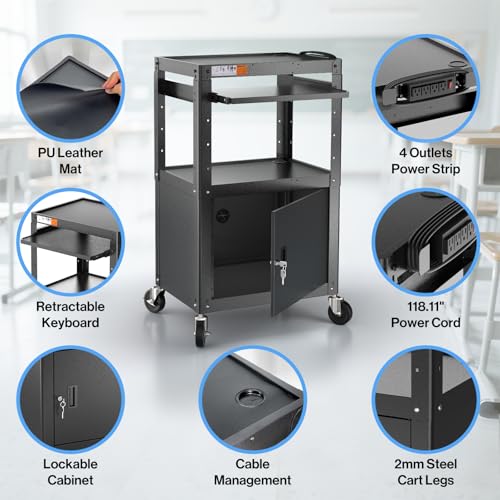 POCHAR Steel Large AV Cart with Locking Cabinet - Adjustable Height Media Carts with Wheels, Pullout Tray, Power Strip for Mobile Work Station - Rolling Computer Cart for Office Classroom Presentation - style: Locking Cabinet with Keyboard Tray (AV-G)