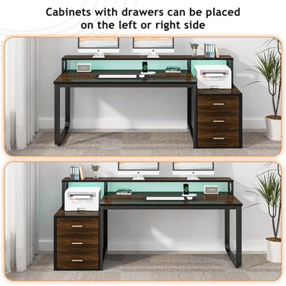 HOMBCK 67" Computer Desk with 3 Drawers, Home Office Desk with Long Monitor Stand and Printer Space, Office Desk with Storage & LED Lights, Writing Desk with Drawers, Black and Walnut - color: Black Walnut
