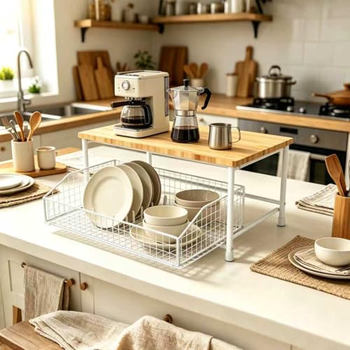 Kitchen Counter Shelf, Small Kitchen Shelf Microwave Stand with Bottom Storage Basket, Storage Microwave Shelf for Office, Living Room, Bedroom(White) - color: White