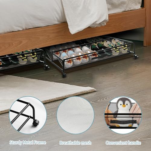 Under Bed Shoe Storage with Wheels, Space Saving Shoe Organizer with Sturdy Metal Frame & Breathable Mesh, Suitable Under The Bed, Sofa and Desk, 1 Pack