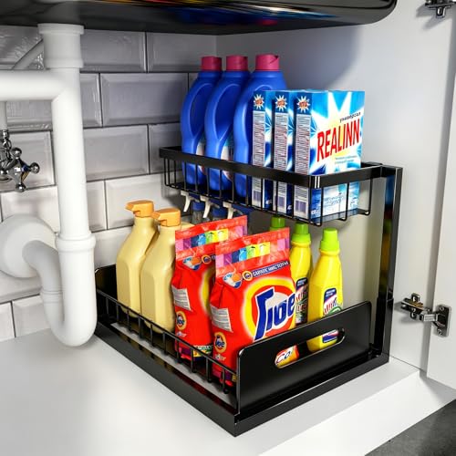 REALINN Under Sink Organizer, L-Shaped Pull Out Cabinet Organizer, Kitchen | 2 Tier Metal Slide Out Shelf for Kitchen, Bathroom, Laundry, and Utility Cabinet Storage for Deep Cabinets, Black, 1 Pack - color: Black, size: 1 Pack