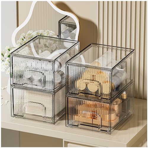 ZHIAI 4 Pack Clear Stackable Storage Drawer, Acrylic Drawer, Cosmetic Organizer, Plastic Organizer for Dresser, Under, Kitchen Cabinet, Pantry, Home Organization and Storage - color: 4 Short