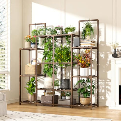 EnHomee Plant Stand, Hold 12-14 Pots, Waterproof Eucalyptus Wood | Easy to Assemble, Sturdy Enough, Without Wobble