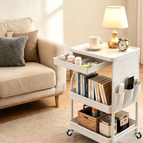 BLULEE 3-Tier Rolling Storage Cart with Pull-Out Drawer & Side Organizer | Heavy-Duty Carbon Steel Utility Cart with Lockable Wheels, Mobile Organizer Rack for Bathroom, Makeup, Nursery & Kitchen - color: White