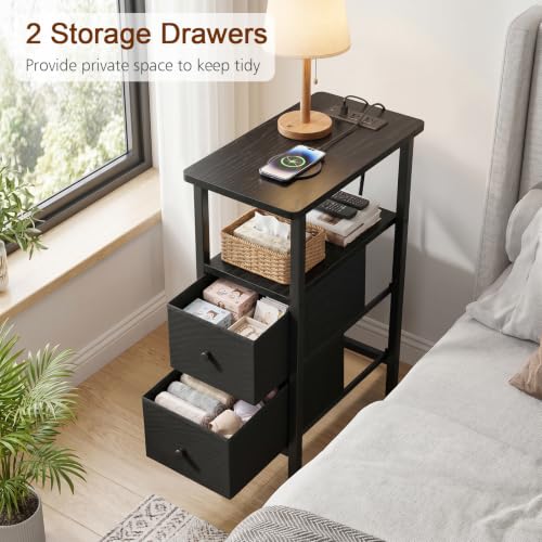 LOAKEKEL Narrow End Table with Charging Station, Side Tables Living Room | End Tables Living Room Set of 2, Skinny Nightstand with Fabric Drawers for Bedroom, Small Spaces, Black - color: Black, style: Power