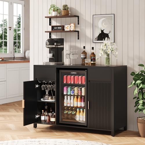 Garvee 53" Coffee Bar Cabinet with Fridge Space & Charging Station, Mini Fridge Cabinet with Wine Rack, Large Buffet Sideboard Table, Fluted Liquor Cabinet for Living Room, Dining Room, Kitchen, Black