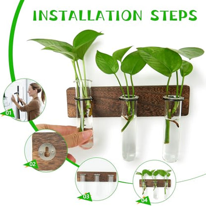 XXXFLOWER Wall Mounted Plant Terrarium with Wooden Stand 3 PCS | Hanging Planter Propagation Station with 3 Glass Tubes Indoor Hanging Planters for Home Office Indoor Decor - size: 9 Glass Tubes with Ring