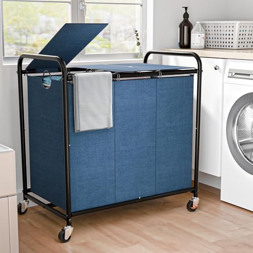 180L (47.55 Gal) Laundry Sorter 3 Section, Rolling Laundry Basket with Lockable Wheels and Lid, Laundry Hamper with 3 Separated Removable Bags Dirty Clothes Hamper for Laundry Room Organizer, Blue - color: Blue-3Sec, size: 47.55Gal