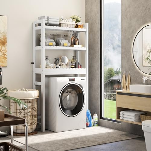 Homykic Over The Toilet Storage, Bamboo Over Toilet Bathroom Organizer Rack, Freestanding Bathroom Shelves Above Toilet Storage with 3 Hooks, Bathroom Space Saver, No Rust, Easy to Assemble, White - color: White