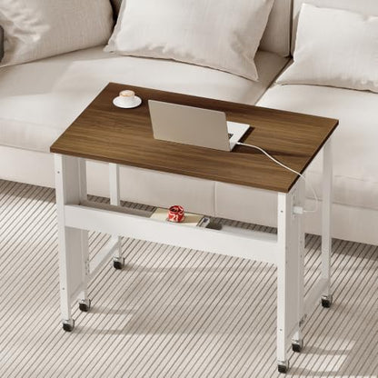 CHOEZON Folding Desk with Power Outlets, 31.5" Rolling Computer Table with Wheels, Portable Office Desk with Storage Shelf for Small Spaces Rustic Brown and White TDN01UWL - color: Rustic Brown and White