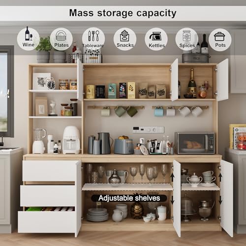 Mekminop Extra Large Kitchen Pantry with Microwave Shelf, Kitchen Hutch Storage Cabinet with Countertop, Freestanding Countertop Cabinet with 3 Drawers and 3 Open Shelves, White + Walnut - color: White + Walnut, size: 82.7" Wide