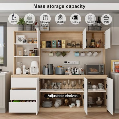 Mekminop Extra Large Kitchen Pantry with Microwave Shelf, Kitchen Hutch Storage Cabinet with Countertop, Freestanding Countertop Cabinet with 3 Drawers and 3 Open Shelves, White + Walnut - color: White + Walnut, size: 82.7" Wide