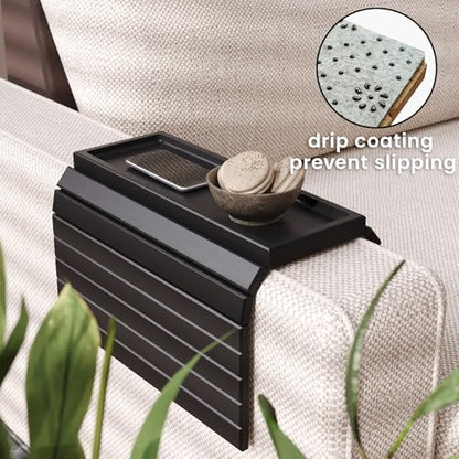 Sofa Arm Tray,Bamboo Folding Couch Arm Tray,Sofa Armrest Trays with Anti-Slip Pad for Drinks,Snacks,Phone,Remote Control（Black） - color: Black