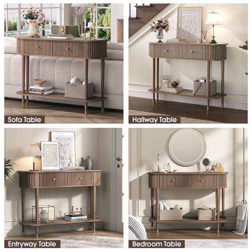 JOINICE 43" Entryway Table with Drawers,Fluted Console Table with Storage Shelf,Narrow Sofa Table for Living Room,Hallway,Foyer,Walnut - color: Walnut