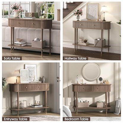 JOINICE 43" Entryway Table with Drawers,Fluted Console Table with Storage Shelf,Narrow Sofa Table for Living Room,Hallway,Foyer,Walnut - color: Walnut