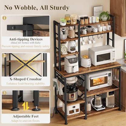 SNTD 6-Tier Bakers Rack with Power Outlets, 36 x 14.6 x 72 in, Rustic Brown | Large Capacity for Small Appliances, Stable Metal Frame with Wood Shelves, Pull-Out Basket, 14 Hooks - color: Rustic Brown