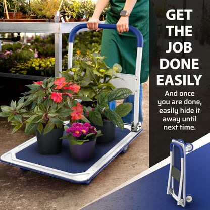 Heavy Duty Foldable Push Cart Dolly | 660 lbs. Capacity | Upgraded Collapsible Hand Truck Folding Platform with Swivel Wheels | Flat Bed Moving Wagon | Space Saving Push Handle (Blue) - color: Blue, 660 Lbs. Capacity