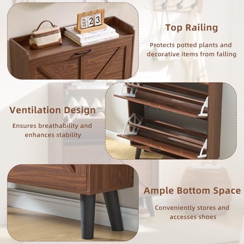 LEYAOYAO Shoe Cabinet Storage for Entryway with 2 Flip Drawers | Rack Narrow Organizer Slim Hidden Wood Shoe Cabinet Furniture - color: Walnut