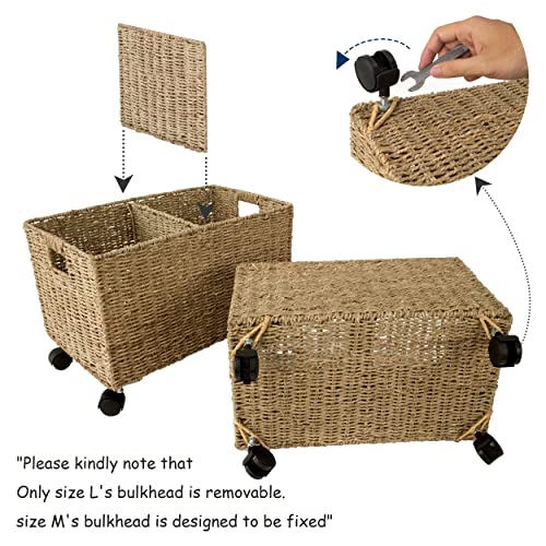 PEMAR Set of 2 Nesting Natural Wicker Rolling Storage Baskets on Wheels with Insert Handles, Under Table Under Desk Woven Storage Bins, Mobile File Cabinet Organizer, Seagrass, Sizes M and L