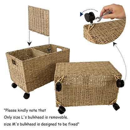 PEMAR Set of 2 Nesting Natural Wicker Rolling Storage Baskets on Wheels with Insert Handles, Under Table Under Desk Woven Storage Bins, Mobile File Cabinet Organizer, Seagrass, Sizes M and L