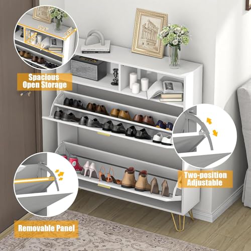 JOZZBY Large Shoe Cabinet for Entryway, 46'' Tall Narrow Shoe Storage Cabinet with 2 Flip Drawers and Open Shelves, White Freestanding Shoe Organizer for Hallway, Living Room - size: Smooth