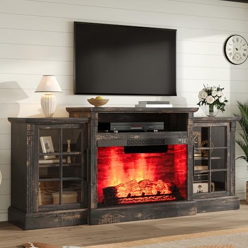 AMERLIFE 70" Farmhouse Fireplace TV Stand for TVs up to 80", Media Console with Storage Cabinets & Adjustable Shelves, Entertainment Center with 28" Electric Fireplace for Living Room, Dark Oak - color: Black, size: 70"