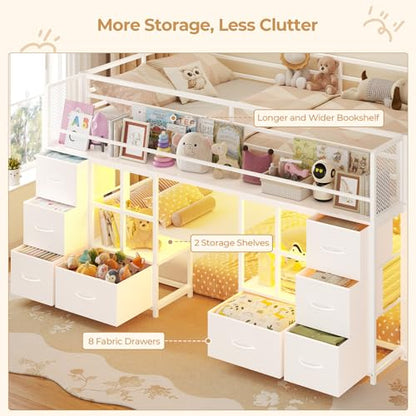 BTHFST Low Bunk Bed Twin Over Twin with 8 Fabric Drawers & Bookshelf, Twin Bunk Beds with RGB LED Lights, Windows, Metal Bunk Beds for Kids with Slanted Ladder & Safety Guardrails, Space Saving, White