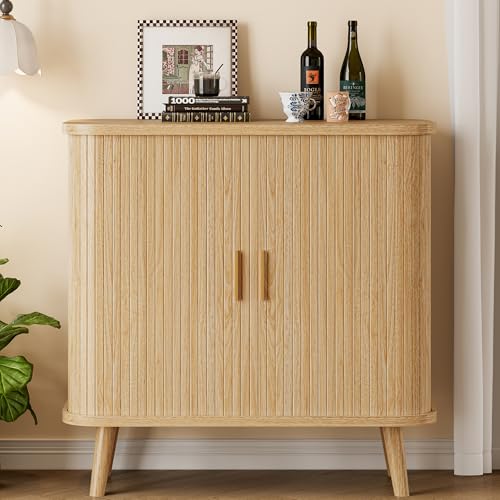 Xixini Sideboard Buffet Cabinet with Sliding Door, 31.5" Wide Fluted Modern Accent Cabinet with Adjustable Shelves, Wood Coffee Bar Buffet Console Table for Kitchen, Dining Room, Living Room, Oak - color: Oak