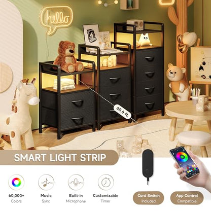 Lazzanto Night Stand Bedside Table Bedroom - Tall Nightstand with Charging Station & LED Light Strip, Bed Side Table with Shelf & Drawers, 2 U-S-B Ports & 2 AC Outlets, Black - color: Black, size: 4 Drawers