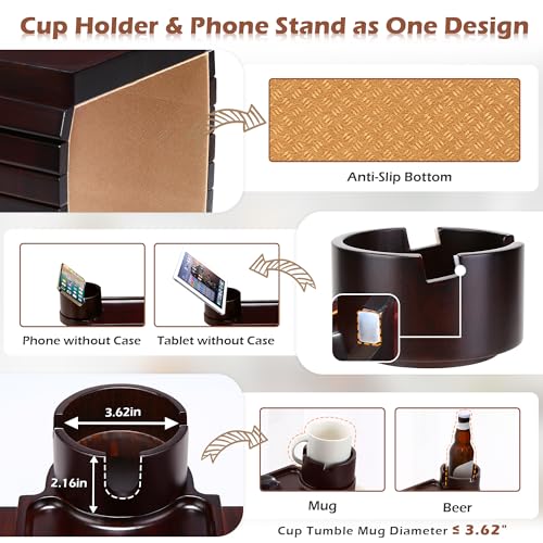 GHKINMAL Couch Cup Holder Tray, 3 in 1 Large Couch Arm Trays,Bamboo Chair Clip on Tray with 360° Ratated Phone Cup Holder for Couch,Snacks,Remote,Phone-Black Walnut - color: Black Walnut
