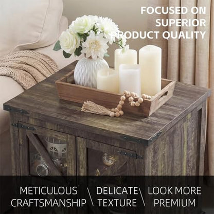 Farmhouse End Table, 24" Large End Tables with Storage, Rustic Square Sofa Beside Table with Glass Barn Door, Wood Side Table Square Nightstand for Living Room, Bedroom, Office (Antique Finish) - color: Antique Finish