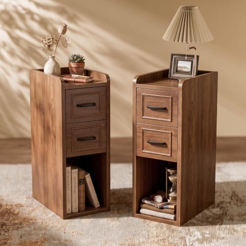 Narrow Nightstand Set of 2, Modern Small Bedside Table with Drawers & Open Shelf, Modern End Table for Bedroom Small Spaces, Apartments, Renters, Walnut - color: Narrow Walnut