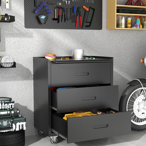 Mobile Tool Storage Cabinet with Wheels,Heavy Duty Rolling Tool Cabinets for Garage,Metal Storage Cabinets with 3 Drawer,Assembly Required - color: Black, style: 3 drawer with wheels