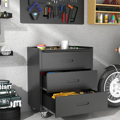 Mobile Tool Storage Cabinet with Wheels,Heavy Duty Rolling Tool Cabinets for Garage,Metal Storage Cabinets with 3 Drawer,Assembly Required - color: Black, style: 3 drawer with wheels