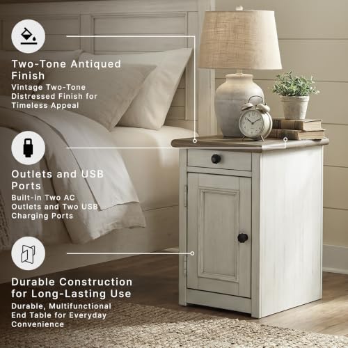 Signature Design by Ashley Bolanburg Farmhouse Chair Side End Table, 2 USB Ports, Pull-out Tray, Wood, 14" W x 24.25" D x 23" H, Antique Cream & Brown - color: Whitewash
