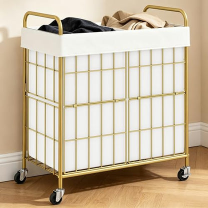 100L 2-Section Laundry Hamper with Wheels, Laundry Basket with Liner Bag | Lockable Casters; Divided Removable Liner; Reinforced Steel Frame; Metal Handle - color: Golden+White, size: 100L-2 Sections