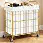 100L 2-Section Laundry Hamper with Wheels, Laundry Basket with Liner Bag | Lockable Casters; Divided Removable Liner; Reinforced Steel Frame; Metal Handle - color: Golden+White, size: 100L-2 Sections