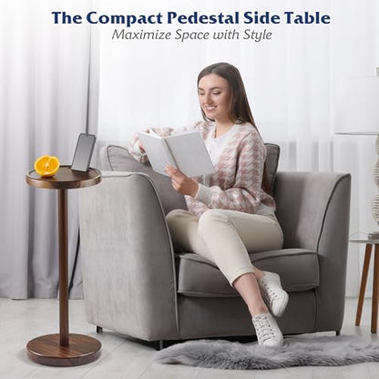 BLUEWEST Drink Table, 22" Tall Compact Side Table with Phone Slot and Weighted Base, Durable Pedestal Table Accent for Living Room (Flat, Walnut) - color: Medium Walnut