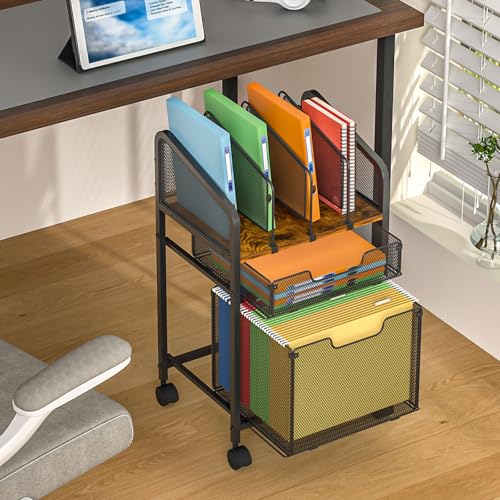Tiaoheka Rolling File Cabinet with Adjustable Dividers, Mobile Filing Cabinet with 2 Storage Drawers on Lockable Wheels, Hanging File Organizer Beside Under Desk for Office, Home（Patent Pending） - color: Black, size: 1L+1S Drawers