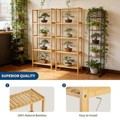 IDEALHOUSE Bamboo Storage Shelf, 5-Tier Freestanding Bathroom Organizer, Narrow Corner Shelving Unit for Entryway, Bathroom, Living Room, Balcony, Kitchen, Natural Bamboo, Widen-Wood
