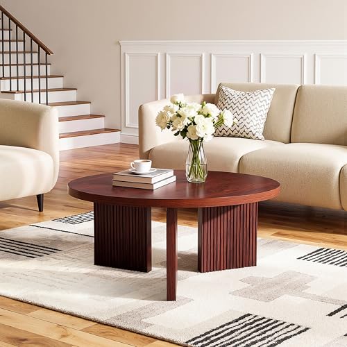 35" Wooden Round Coffee Table, Burgundy | Smooth Thick Coffee Table, Low Circle Center Table with X Shaped Stable Legs, Accent Tea Table for Living Room, Office - color: Burgundy, style: Coffee Table