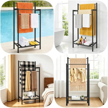 Free Standing Towel Racks for Bathroom, 3 Tier Towel Drying Rack with Movable Storage Shelf, Tall Metal Towel Rack Stand for Outdoor Pool, Black