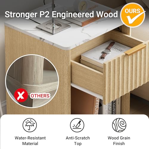 Fluted Nightstand, Night Stand Set 2, 23" Wide Nightstands Set of 2 with Charging Station & Faux Marble Top, Modern End Table with Drawer, Bedside Table for Bedroom Living Room, Natural Oak - color: Natural Oak + Faux Marble Top, size: 1 Drawer（23"W）