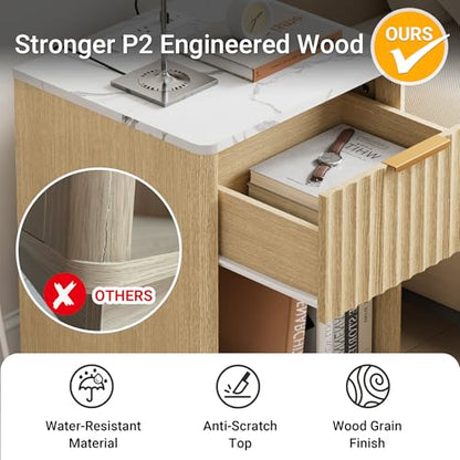Fluted Nightstand, Night Stand Set 2, 23" Wide Nightstands Set of 2 with Charging Station & Faux Marble Top, Modern End Table with Drawer, Bedside Table for Bedroom Living Room, Natural Oak - color: Natural Oak + Faux Marble Top, size: 1 Drawer（23"W）