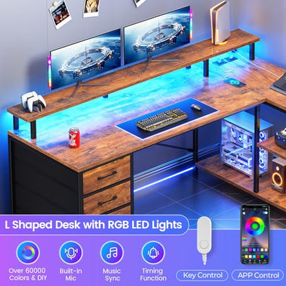 SEDETA L Shaped Desk with 4 Drawers, Shelves, Power Outlets, Rustic Brown | L Shaped Gaming Desk with LED Lights , Computer Desk with Shelves & Drawer, Corner Desk Home Office Desk - color: Rustic Brown
