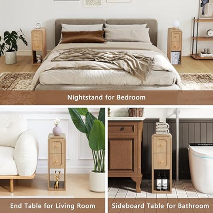 Narrow Nightstand with 2 Drawers, Small Bedside Tables, Mid-Century Modern Slim Night Stand with Storage, Wooden End Table for Small Spaces, Bedroom, Living Room (Natural-1PCS) - color: 2drawers-natural-1pcs