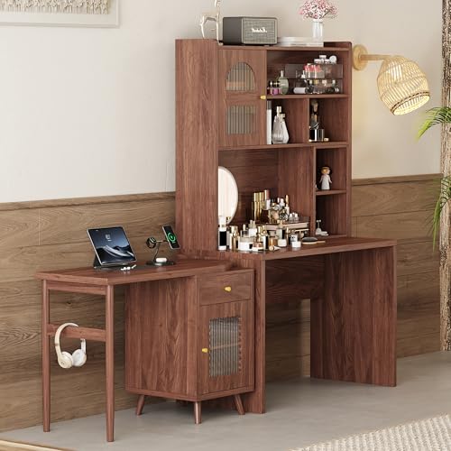 Bellemave Computer Desk with 90 Degree Rotating Desktop, 43x70 Inch Home Office Desk with Drawer and Storage Cabinets, Gaming Desk with Shelves, Writing Desk for Study (Walnut) - color: Walnut