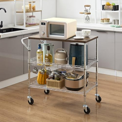 Rolling Kitchen Carts on Wheels With Storage,650Lbs Heavy Duty Metal Cart with Wheels,3 Tier Rolling Cart with Wooden Top,NSF Utility Cart with Handle for Food Cart Serving Carts,30.3"L*31.9"H*18.1"W - size: 35.4"L*18.1"W*31.9"H with Adjustable Shelves