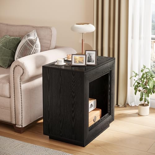 Tribesigns Rustic Wood End Table, 2 Tiered Square Side Table with Storage Shelf, Industrial Sofa Side Table for Living Room, Entrance (Rustic Brown) (1) (1, Black) - color: Black